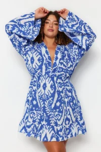 Trendyol Curve Mavi Ethnic Patterned Spanish Arm skater Mini Weaving Plus Size Beach Dress - Image 2