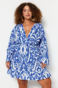 Trendyol Curve Mavi Ethnic Patterned Spanish Arm skater Mini Weaving Plus Size Beach Dress - Image 3