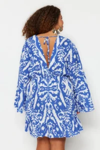 Trendyol Curve Mavi Ethnic Patterned Spanish Arm skater Mini Weaving Plus Size Beach Dress - Image 5