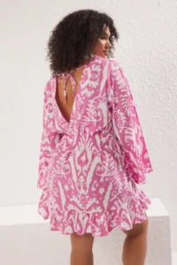 Trendyol Curve Pink Ethnic Patterned Spanish Arm skater Mini Weaving Plus Size Beach Dress - Image 5