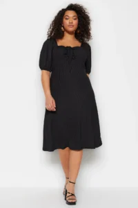 Trendyol Curve Black Heart Collar with bow A-line Knitting Plus Size Dress