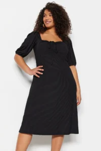 Trendyol Curve Black Heart Collar with bow A-line Knitting Plus Size Dress - Image 2