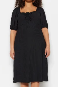 Trendyol Curve Black Heart Collar with bow A-line Knitting Plus Size Dress - Image 3