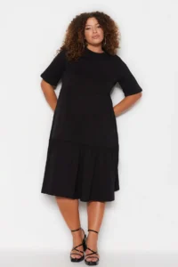 Trendyol Curve Black Crew Neck with flywheel 100% Cotton Knitting Dress