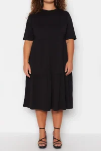 Trendyol Curve Black Crew Neck with flywheel 100% Cotton Knitting Dress - Image 3