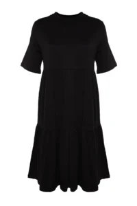 Trendyol Curve Black Crew Neck with flywheel 100% Cotton Knitting Dress - Image 8