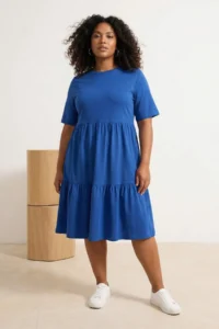 Trendyol Curve Navy Blue Crew Neck with flywheel 100% Cotton Knitting Dress