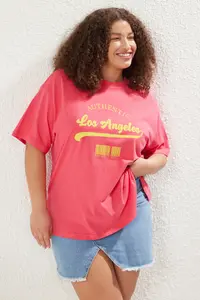 Trendyol Curve Pink Wide Pattern Crew Neck Printed 100% Cotton Knitting T-Shirt - Image 2