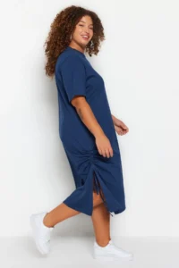 Trendyol Curve Navy Blue Crew Neck Side Shirred and slit 100% Cotton Knitting Dress