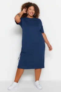 Trendyol Curve Navy Blue Crew Neck Side Shirred and slit 100% Cotton Knitting Dress - Image 2