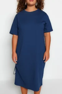Trendyol Curve Navy Blue Crew Neck Side Shirred and slit 100% Cotton Knitting Dress - Image 4