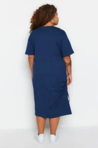 Trendyol Curve Navy Blue Crew Neck Side Shirred and slit 100% Cotton Knitting Dress - Image 6