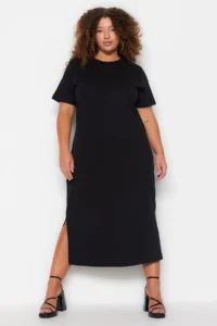 Trendyol Curve Black Crew Neck slit Maxi/LONG 100% Cotton Knitting Dress - Image 3