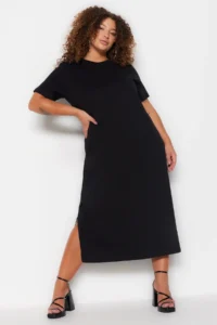 Trendyol Curve Black Crew Neck slit Maxi/LONG 100% Cotton Knitting Dress - Image 4