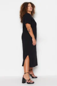 Trendyol Curve Black Crew Neck slit Maxi/LONG 100% Cotton Knitting Dress - Image 5