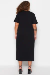 Trendyol Curve Black Crew Neck slit Maxi/LONG 100% Cotton Knitting Dress - Image 6