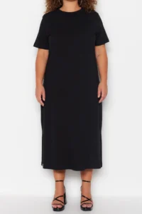 Trendyol Curve Black Crew Neck slit Maxi/LONG 100% Cotton Knitting Dress - Image 7