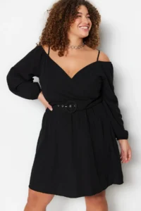 Trendyol Curve Black Arched Weaving Double breasted Yaka Dress - Image 2