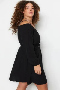 Trendyol Curve Black Arched Weaving Double breasted Yaka Dress - Image 3
