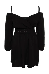 Trendyol Curve Black Arched Weaving Double breasted Yaka Dress - Image 8