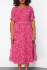 Trendyol Curve Fuchsia Hayvan pattern A-line Midi Weaving Dress - Image 4