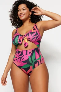 Trendyol Curve Multicolored Deep V Cut Out Binding Detailed Floral Patterned Plus Size Swimsuit