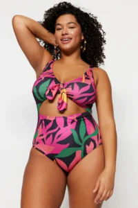 Trendyol Curve Multicolored Deep V Cut Out Binding Detailed Floral Patterned Plus Size Swimsuit - Image 2