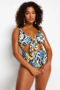 Trendyol Curve Multicolored Deep V Cut Out Binding Detailed Floral Patterned Plus Size Swimsuit - Image 2