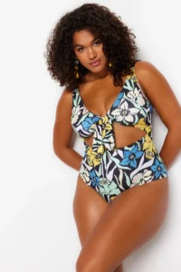 Trendyol Curve Multicolored Deep V Cut Out Binding Detailed Floral Patterned Plus Size Swimsuit - Image 4