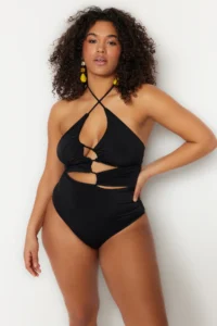 Trendyol Curve Black Cut Out Detailed Barbell Neck Plus Size Swimsuit