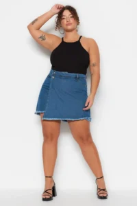 Trendyol Curve Light Blue High Waist Skirt with Tassels 100% Cotton Non-Stretch Plus Size Shorts Skirt - Image 2