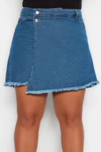 Trendyol Curve Light Blue High Waist Skirt with Tassels 100% Cotton Non-Stretch Plus Size Shorts Skirt - Image 3