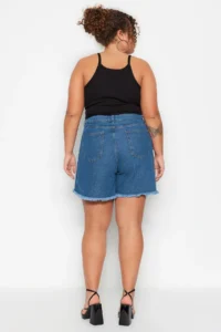 Trendyol Curve Light Blue High Waist Skirt with Tassels 100% Cotton Non-Stretch Plus Size Shorts Skirt - Image 5