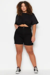 Trendyol Curve Black High Waist Flexible skinny Fit Side slit Plus Size denim Shorts & Bermuda - Image 2