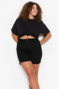 Trendyol Curve Black High Waist Flexible skinny Fit Side slit Plus Size denim Shorts & Bermuda - Image 3