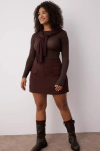 Trendyol Curve Brown with pocket Pen Double Material Plus Size Skirt