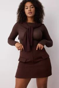 Trendyol Curve Brown with pocket Pen Double Material Plus Size Skirt - Image 2
