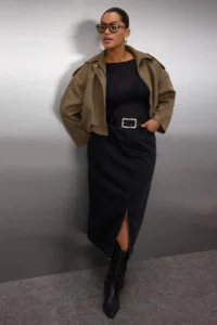 Trendyol Curve Black Front slit Midi Size 100% Cotton Non-Stretch Plus Size Denim Skirt