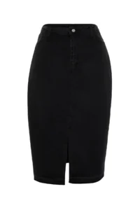 Trendyol Curve Black Front slit Midi Size 100% Cotton Non-Stretch Plus Size Denim Skirt - Image 11