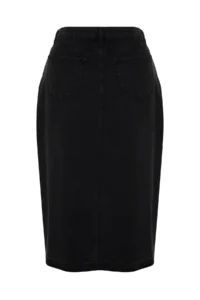 Trendyol Curve Black Front slit Midi Size 100% Cotton Non-Stretch Plus Size Denim Skirt - Image 12