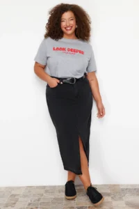 Trendyol Curve Black Front slit Midi Size 100% Cotton Non-Stretch Plus Size Denim Skirt - Image 5
