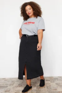 Trendyol Curve Black Front slit Midi Size 100% Cotton Non-Stretch Plus Size Denim Skirt - Image 6