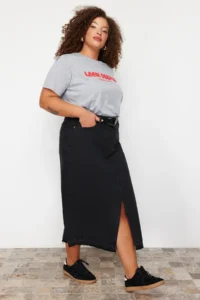 Trendyol Curve Black Front slit Midi Size 100% Cotton Non-Stretch Plus Size Denim Skirt - Image 7