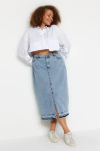 Trendyol Curve Mavi Front slit Midi Size 100% Cotton Non-Stretch Plus Size Denim Skirt