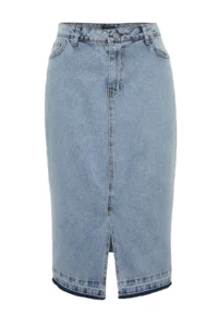 Trendyol Curve Mavi Front slit Midi Size 100% Cotton Non-Stretch Plus Size Denim Skirt - Image 6