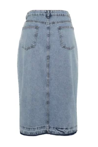 Trendyol Curve Mavi Front slit Midi Size 100% Cotton Non-Stretch Plus Size Denim Skirt - Image 8