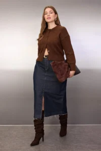 Trendyol Curve Dark Blue Front slit Midi Size 100% Cotton Non-Stretch Plus Size Denim Skirt