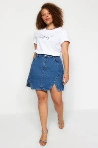 Trendyol Curve Mavi Double slit A line Comofrt/Middle Flexible Plus Size denim Skirt
