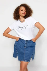 Trendyol Curve Mavi Double slit A line Comofrt/Middle Flexible Plus Size denim Skirt - Image 2