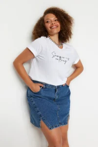 Trendyol Curve Mavi Double slit A line Comofrt/Middle Flexible Plus Size denim Skirt - Image 3